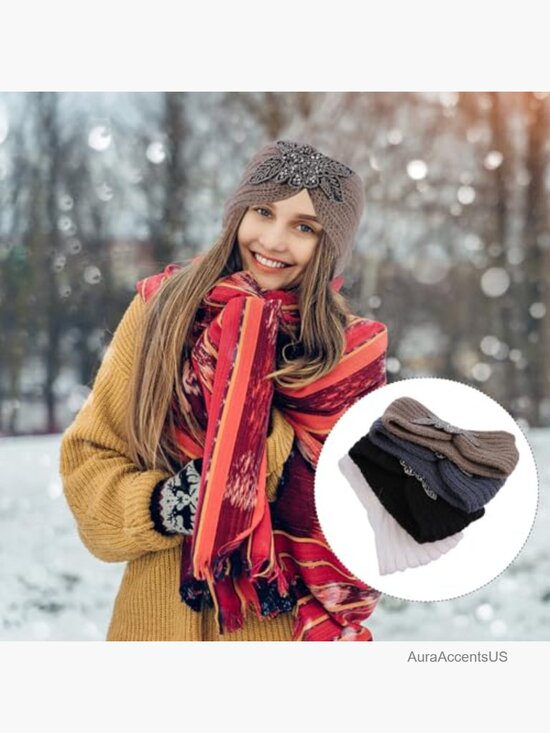 Knitted Warm Headband with Rhinestone Diamonds - Soft Elastic Hair Strap for main image 6
